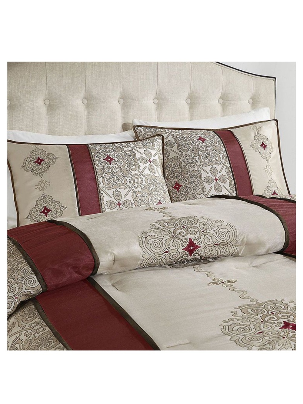 Elegant Cream and Burgundy Embroidered Comforter Set